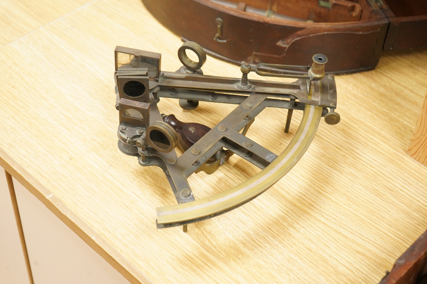A mid 19th century brass and lacquered double frame sextant, by Troughton & Sims, London, number 2367, the mahogany case containing four interchangeable sighting telescopes, two eyepieces and an adjusting key
